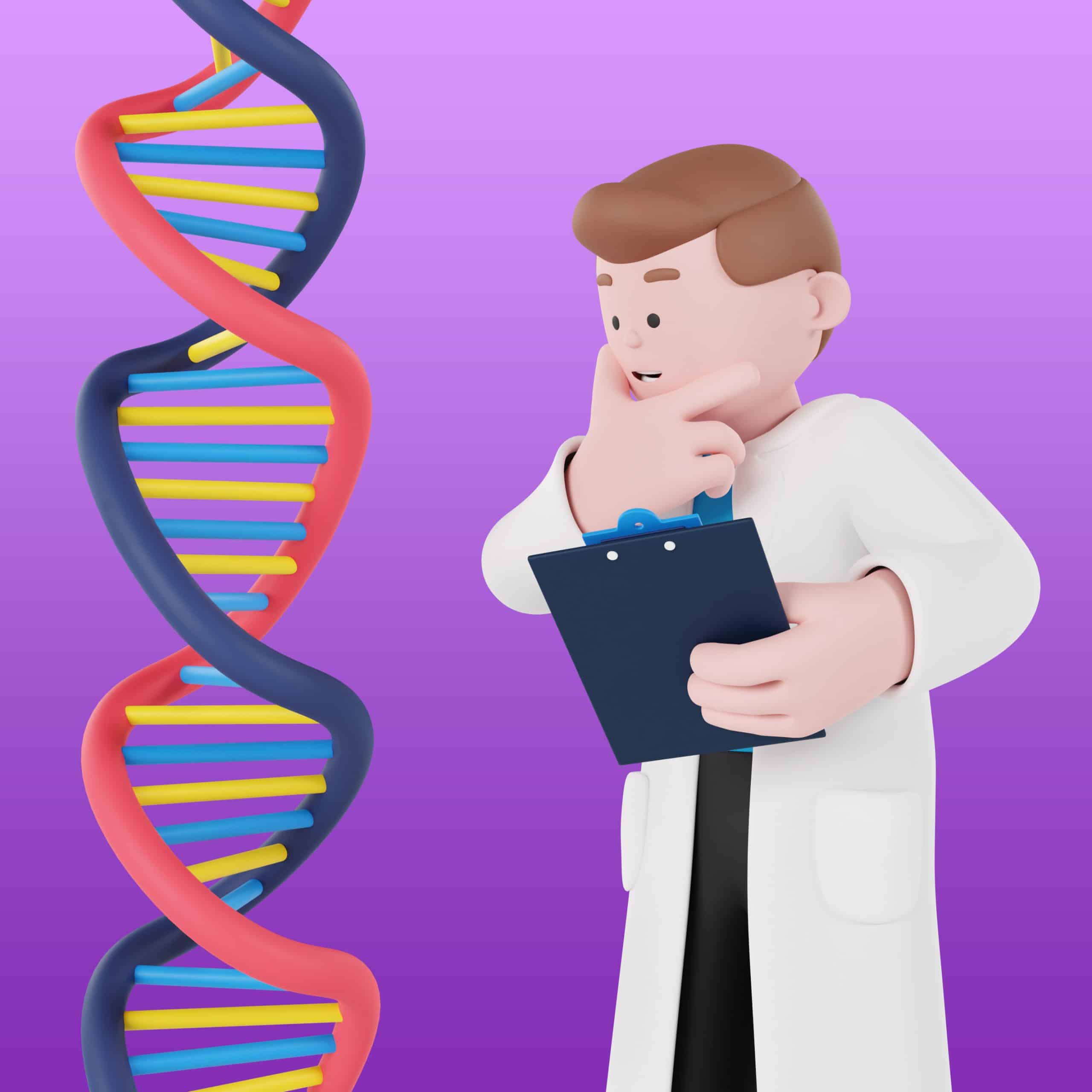 איור רופא בחלוק לבן עם גיליון בדיקה מול סליל DNA — בדיקת אבהות